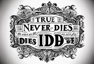 Old scripture lettering true love never dies tattoo idea