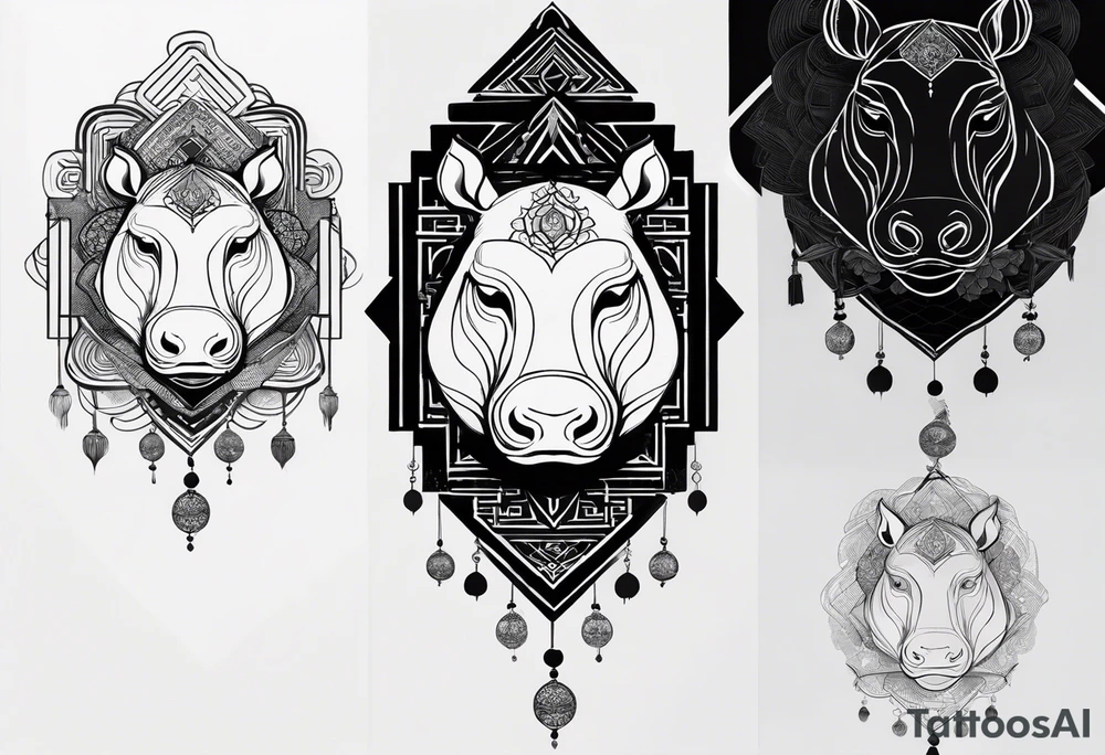Very asymmetrical, +geometric pattern, with realistic full moon, with serious looking hippo, +zen feel, + Buddhism touch, +tribal, +geometric, +chinese inkart 
with wintersweet flower bud, +portrait orientation, +inkart touch, tattoo idea