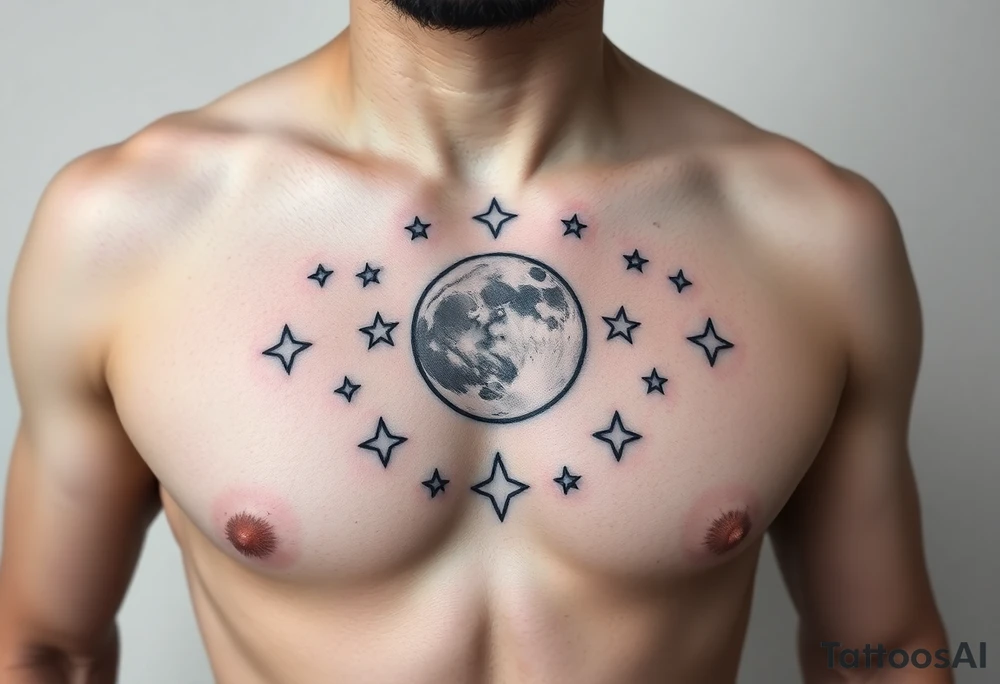 Sternum and upper abs tattoo moons and stars cartoony tattoo idea