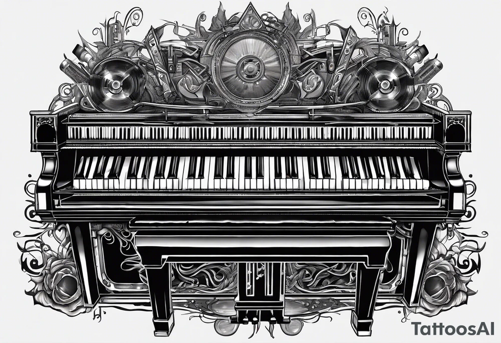 Lines and cables weave and interconnect the piano keys, drums, guitar, speakers, headphones, and cassette tapes. tattoo idea