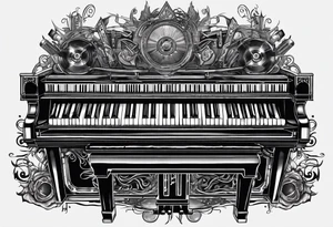 Lines and cables weave and interconnect the piano  keys, drums, guitar, speakers, headphones, and cassette tapes. tattoo idea