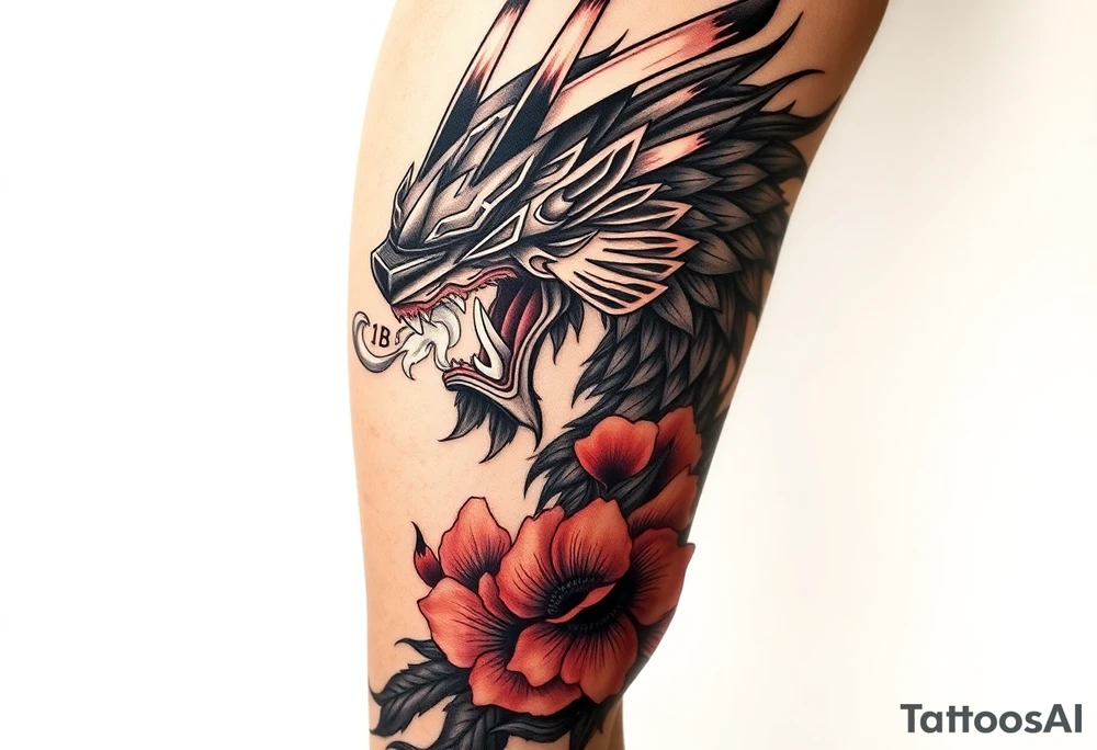 Big Rouge ronin to cover the entire thigh with smoke coming out of its mouth with 11b tattooed under its left eye with 1 poppy on each side of the ronin tattoo idea