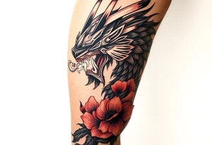 Big Rouge ronin to cover the entire thigh with smoke coming out of its mouth with 11b tattooed under its left eye with 1 poppy on each side of the ronin tattoo idea