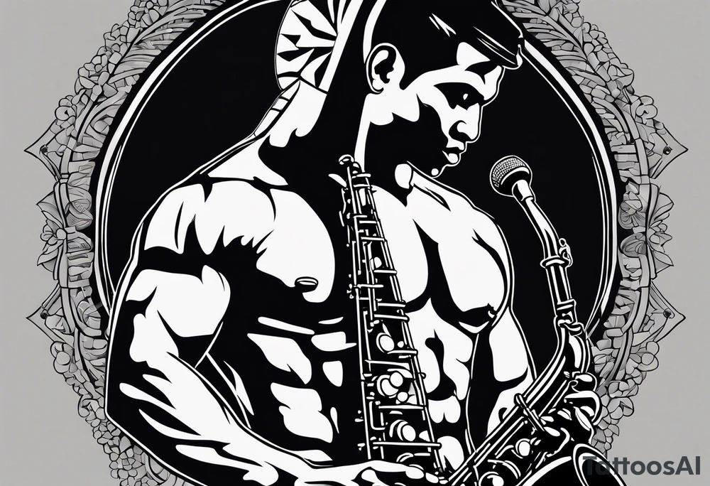 Muay Thai boxer with strong body is playing jazz on a Selmer tenor saxophone in a jazz club front of a jazz trio band. The notes are coming out from the saxophone and turning into buddhist symbols. tattoo idea