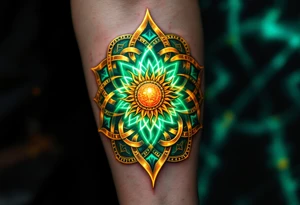 This golden Celtic sun, with emerald green knotwork, glows like an ancient druidic emblem on the forearm. tattoo idea