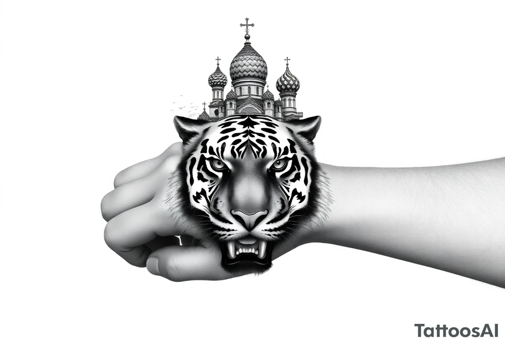 Realistic tiger face on the back of the hand with strong contrast and fine detail with hollow black eyes. with a highly detailed Russian Orthodox cathedral sitting above on fore arm with onion domes and orthodox crosses, done in fine line, engraving-like style. Cohesive composition, black ink only, no color, high contrast, slightly aged, documentary-style, plain light background. with clouds above and a virgin mary 
spanning from my hand to lower fore arm tattoo idea