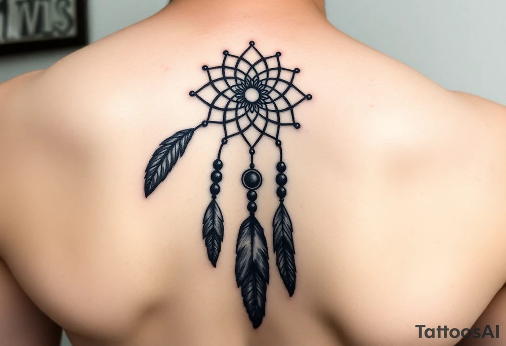 native dreamcatcher with flowing feathers and sacred beads tattoo idea