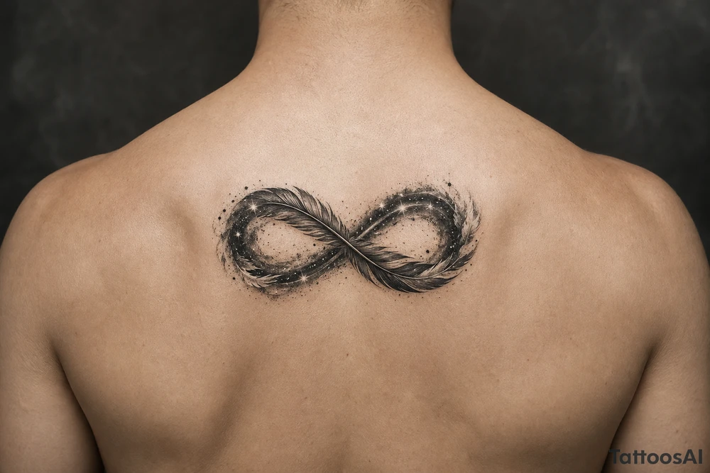 infinity symbol woven with floating feathers and stardust tattoo idea