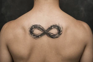 infinity symbol woven with floating feathers and stardust tattoo idea