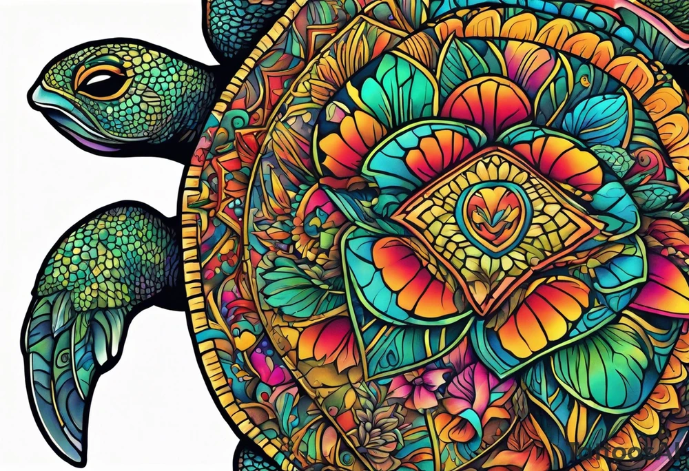 tropical psychedelic turtle's back, top down view, as seen from above tattoo idea