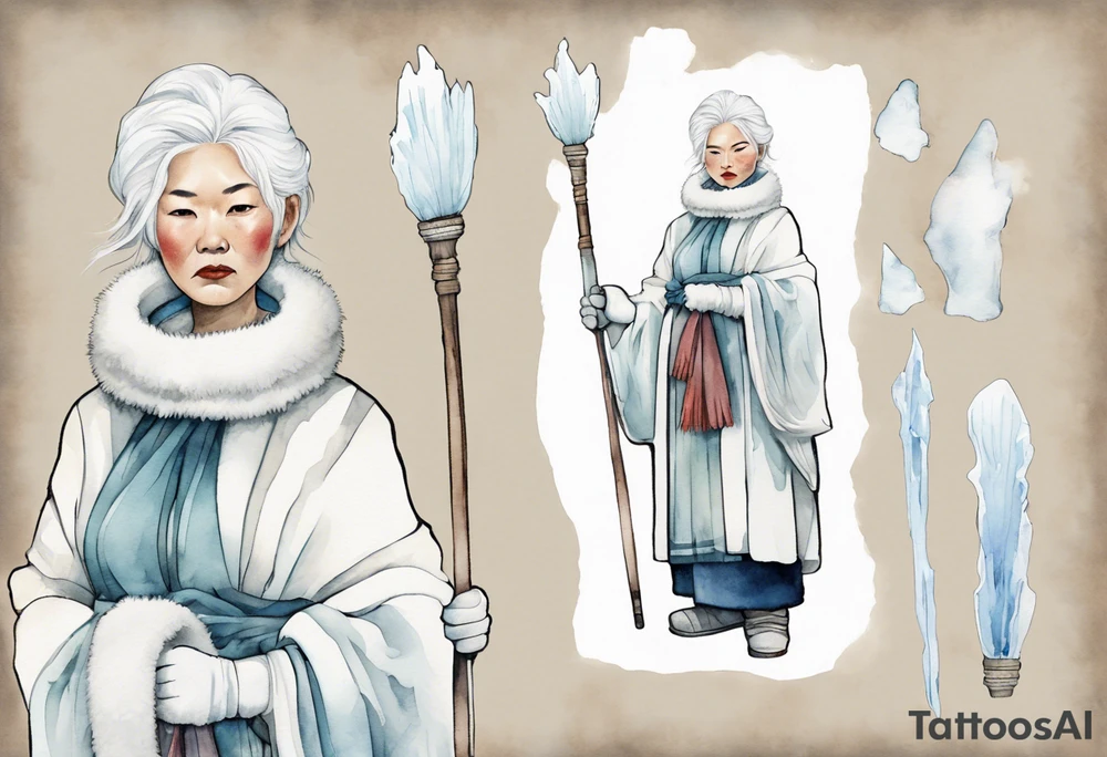 a middle aged Inuit woman with white hair and a white robe and white mittens and mukluks holding a plain white staff, standing on an iceberg tattoo idea