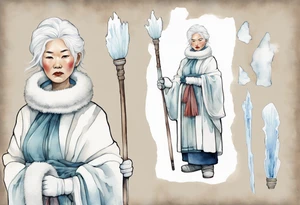 a middle aged Inuit woman with white hair and a white robe and white mittens and mukluks holding a plain white staff, standing on an iceberg tattoo idea
