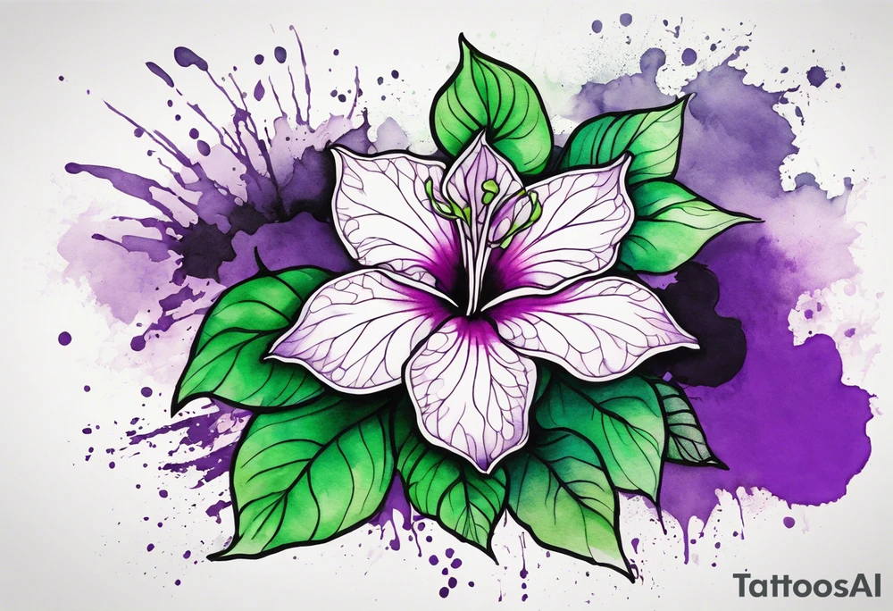 A mystical outline of a green with a bit of purple rio dipladenia flower and a green and purple watercolor splash in the background tattoo idea