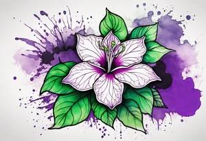 A mystical outline of a green with a bit of purple rio dipladenia flower and a green and purple watercolor splash in the background tattoo idea