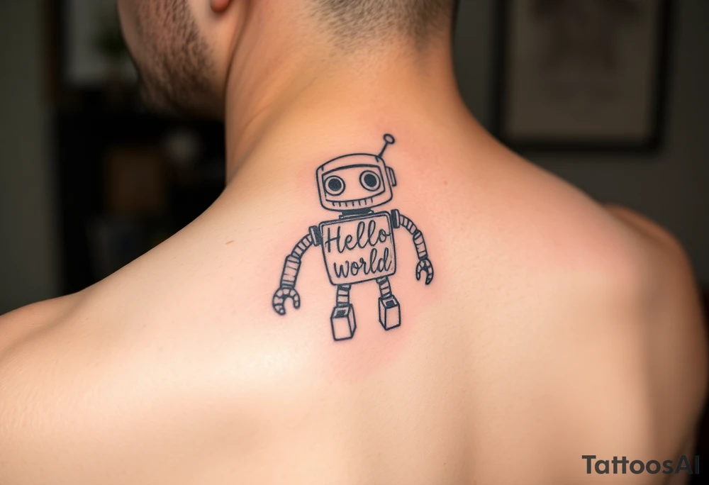 Tattoo of a cute robot with the text 'Hello, World! tattoo idea