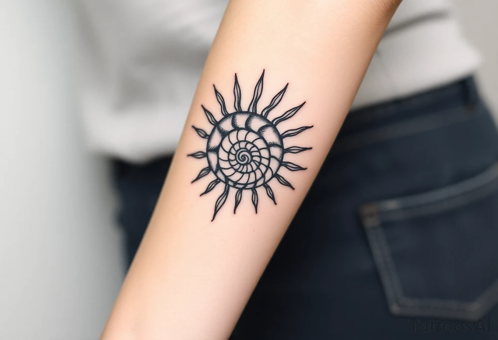 Fibonacci spiral shell inside of painted sun tattoo idea