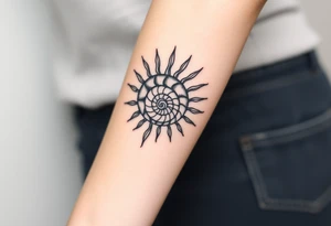 Fibonacci spiral shell inside of painted sun tattoo idea