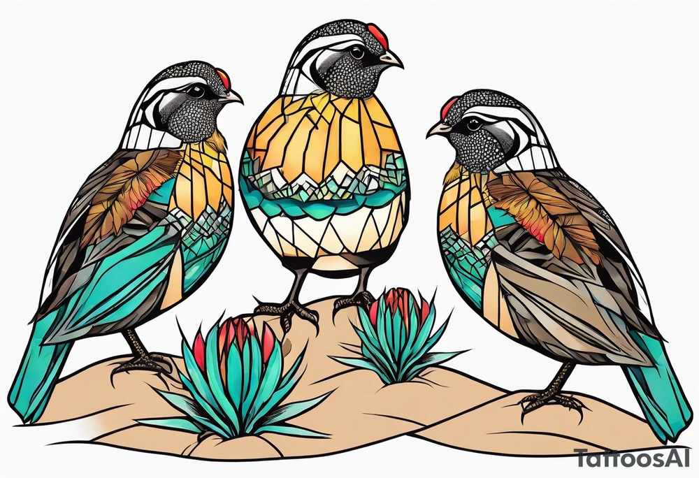 Three quails, desert flowers, cactus tattoo idea