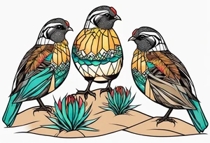 Three quails, desert flowers, cactus tattoo idea