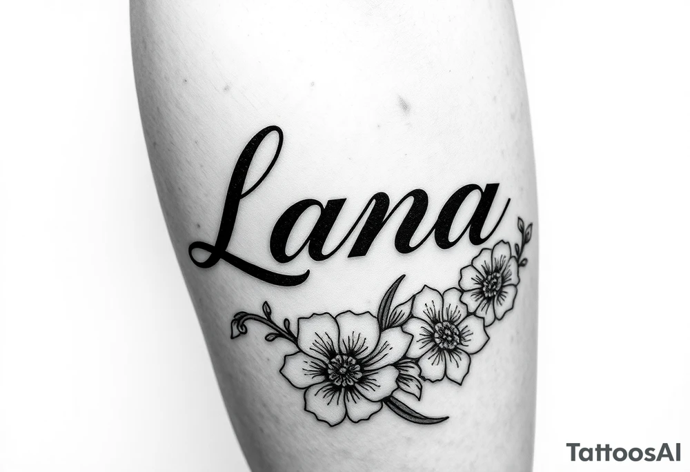 the name Lana going from my knee to my ankle the back of my leg with some flowers tattoo idea