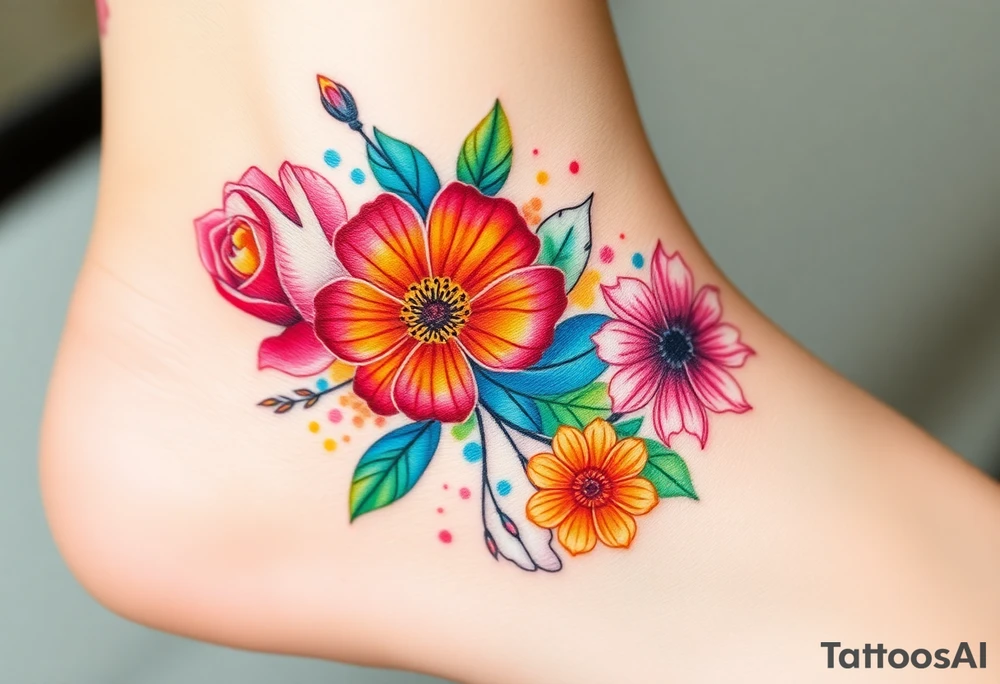 a colorful, vibrant, watercolor tattoo with one rose, one lily, one marigold, and one cosmos flower and with splashes of color tattoo idea