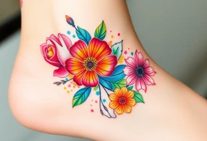 a colorful, vibrant, watercolor tattoo with one rose, one lily, one marigold, and one cosmos flower and with splashes of color tattoo idea