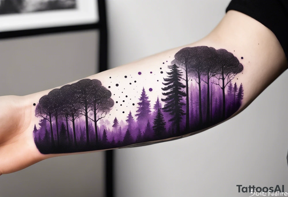 forest, purple and black, on forearm, fully covered, no borders, blackwork tattoo idea