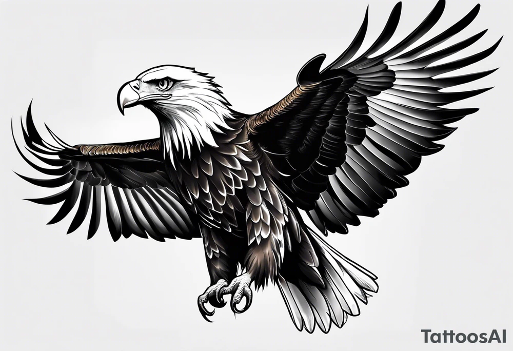 Front view black and white realistic eagle flying tattoo idea