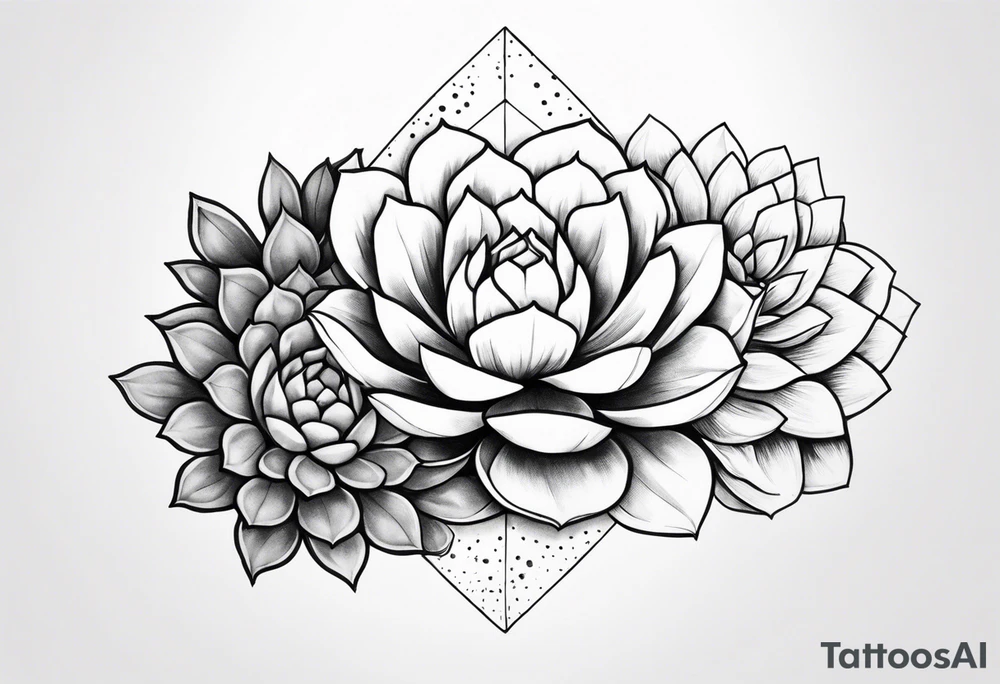 fine line. one big succulent in the middle. Two smaller succulents on the side. Dots and floral
. Sternum tattoo grey scale shading tattoo idea