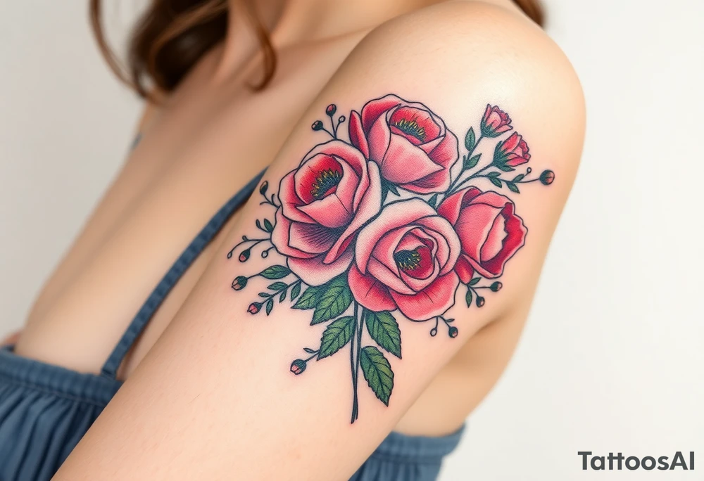 vintage bouquet of wild roses and meadow flowers with morning dew tattoo idea