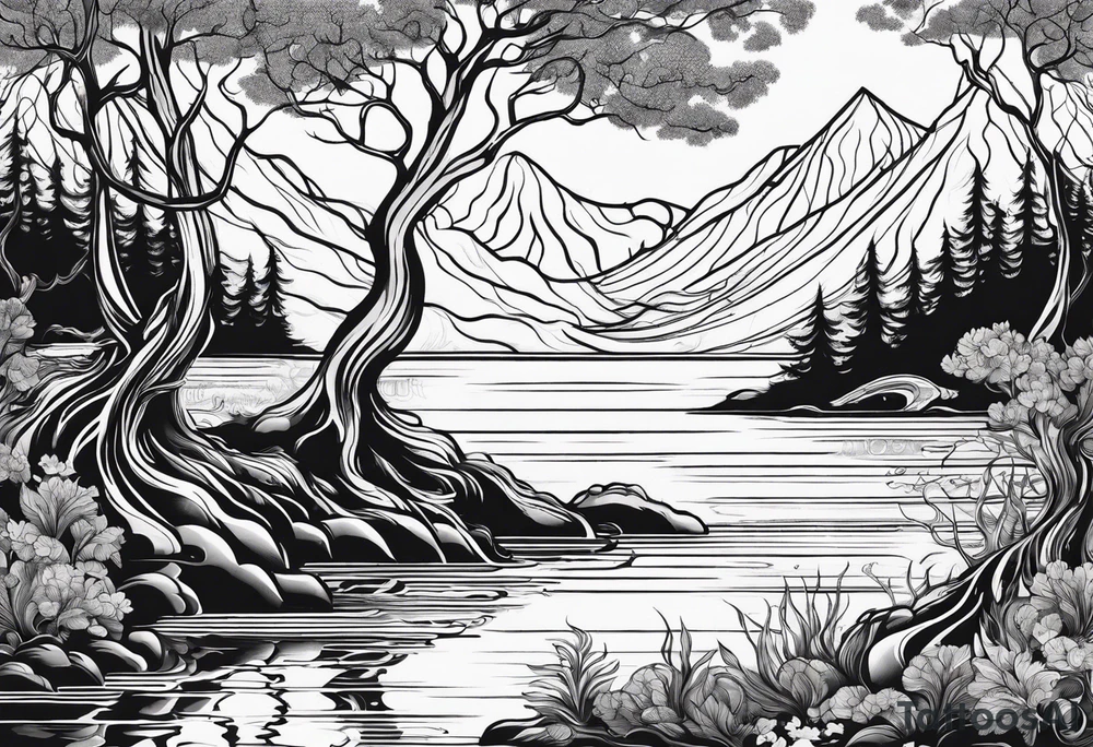 forest with water flowing and phoenix and roots and reflection waves and three birds tattoo idea