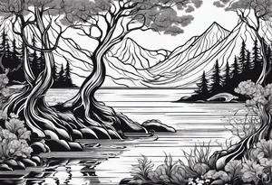 forest with water flowing and phoenix and roots and reflection waves and three birds tattoo idea