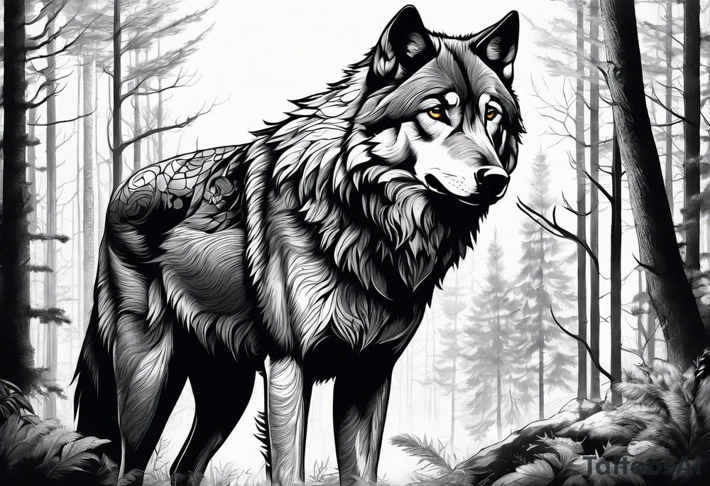 main character is an impressive powerful wolf, a crow talks to the wolf, background a gloomy mysterious forest tattoo idea