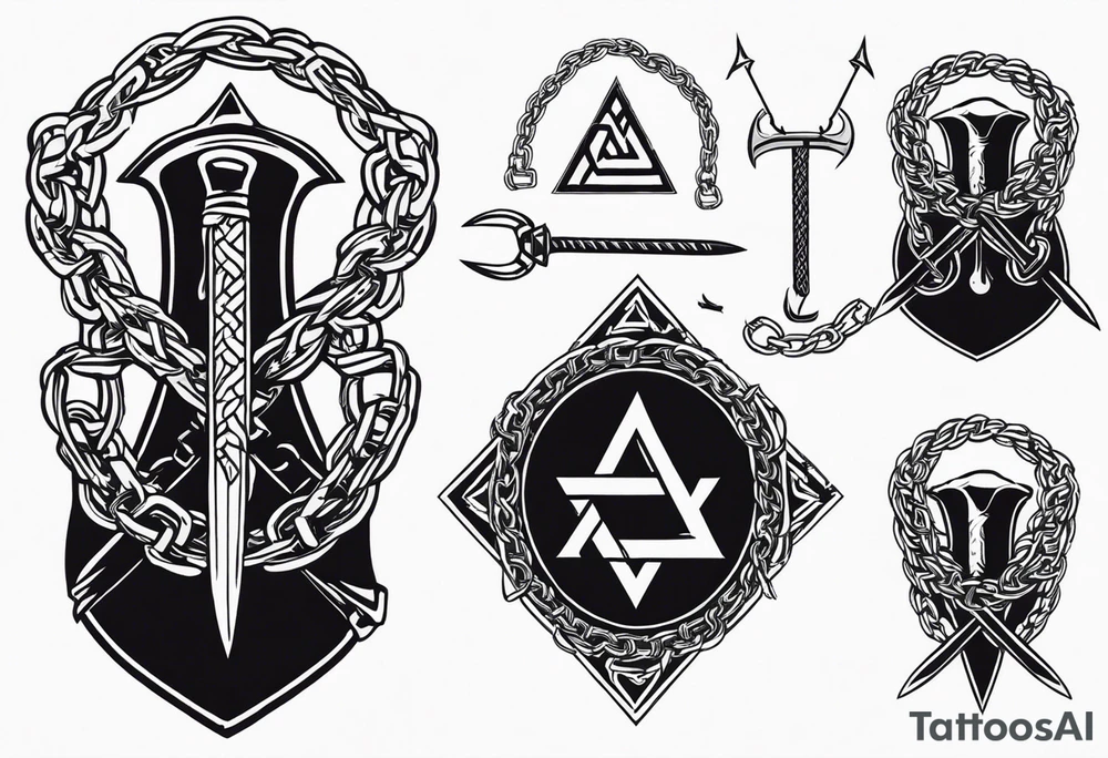 Valhalla sword shield axe barbed wire chains valknut tattoo idea