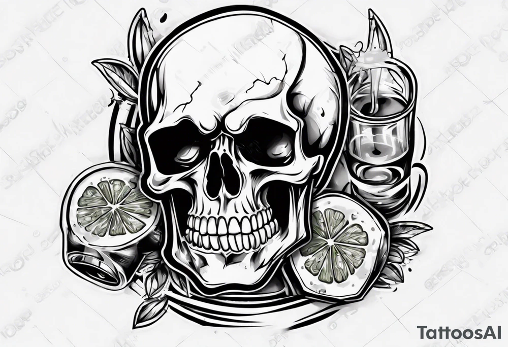 A smiling looking to the left scull inside the glass with alcohol and piece of lime tattoo idea