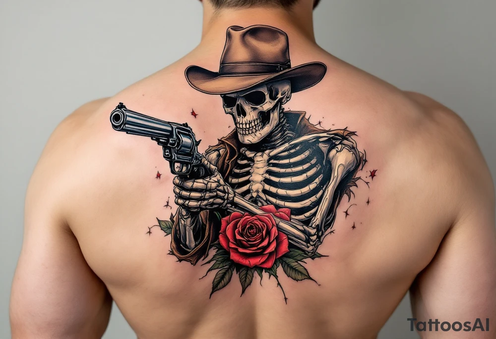 a full body skeleton cowboy gunslinger with a rose in his mouth. tattoo idea