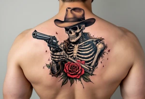 a full body skeleton cowboy gunslinger with a rose in his mouth. tattoo idea