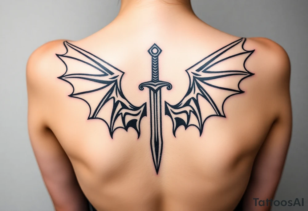 Dragon wings with sword in middle tattoo idea