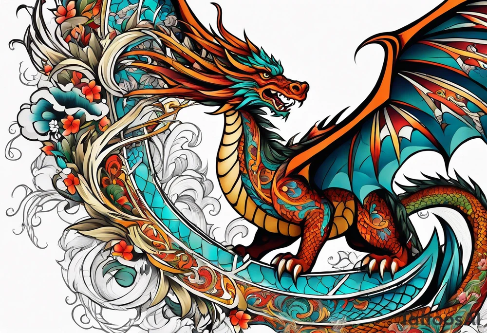 roaring dragons painted with Anishinaabe floral all over tattoo idea