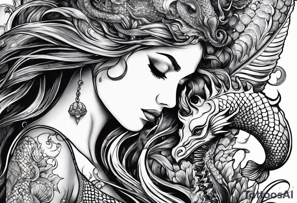 Side profile mermaid with trident looking at seahorse face to face. Tattoos on skin and scales showing, octopus tentacles wrapped around tattoo idea