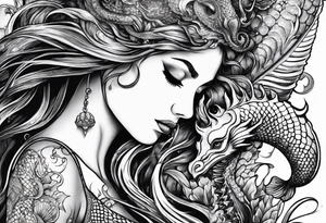 Side profile mermaid with trident looking at seahorse face to face. Tattoos on skin and scales showing, octopus tentacles wrapped around tattoo idea