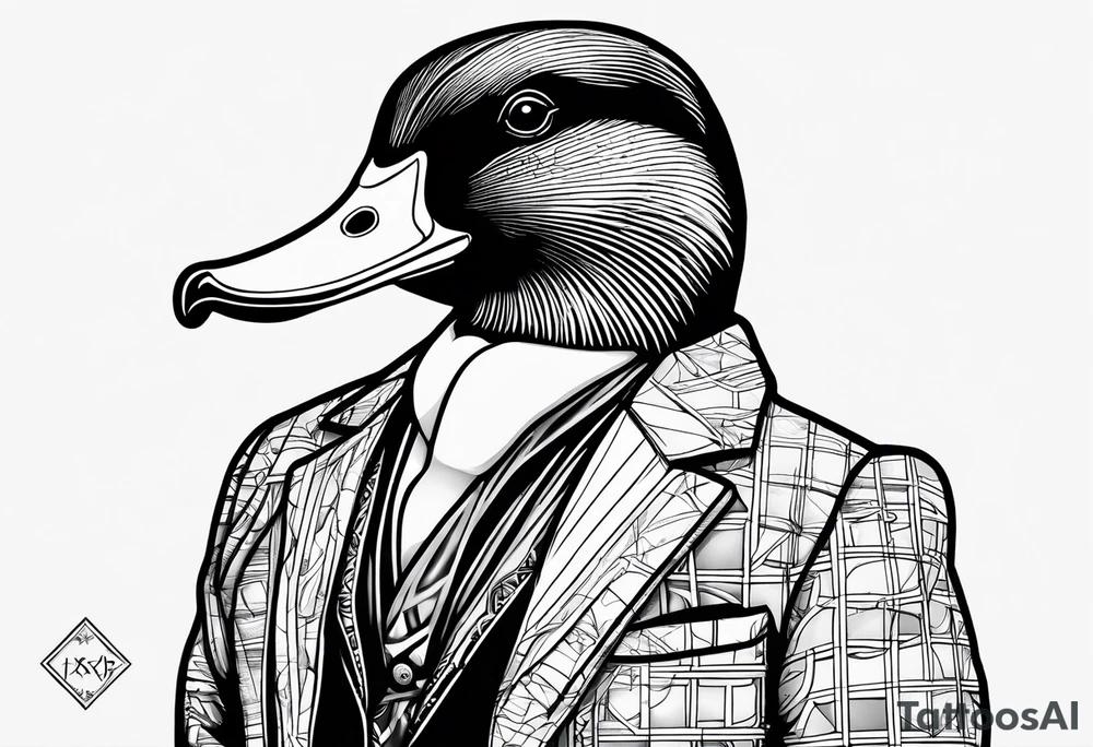 Dabbling Duck wearing a small jacket that says "XRP" on it tattoo idea