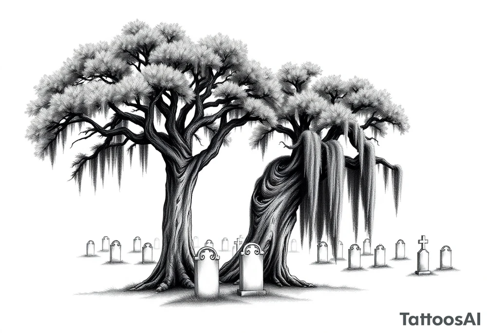 2 Oak trees with a lot of Spanish moss in a cemetery tattoo idea