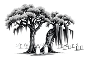 2 Oak trees with a lot of Spanish moss in a cemetery tattoo idea