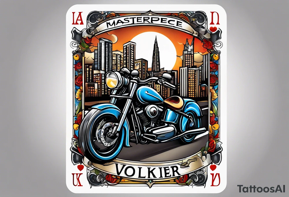 playing cards over a city with a motorcycle on the road tattoo idea