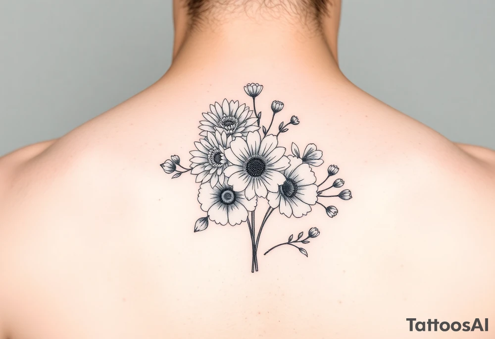 Flower bouquet with Chrysanthemums, poppy’s and violets tattoo idea