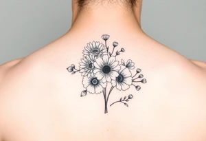 Flower bouquet with Chrysanthemums, poppy’s and violets tattoo idea