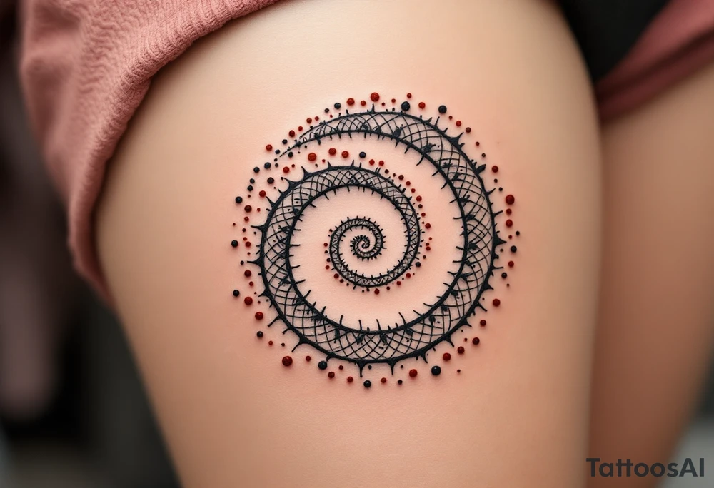 A hand-drawn spiral in charcoal gray, surrounded by faint dots in rusty red. tattoo idea