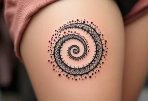 A hand-drawn spiral in charcoal gray, surrounded by faint dots in rusty red. tattoo idea