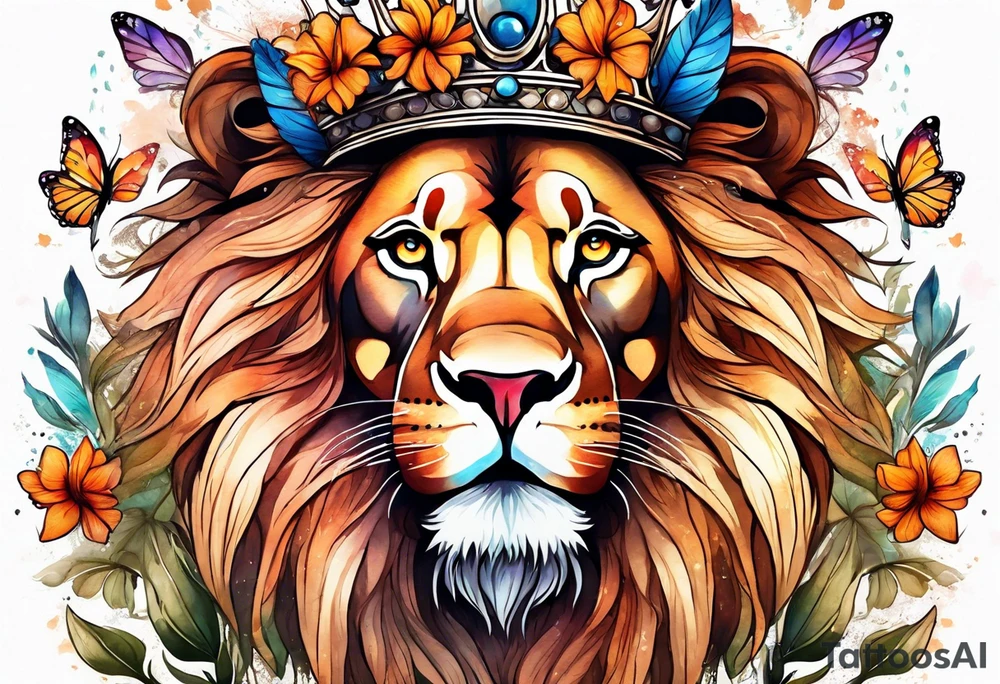 lion mane made of feathers covered in lilies and butterflies crown tattoo idea